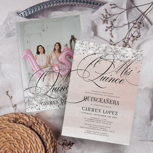 Invitación Elegante Mis Quince Plata y Rosa Rosa Quinceanera (Subido por el creador)
