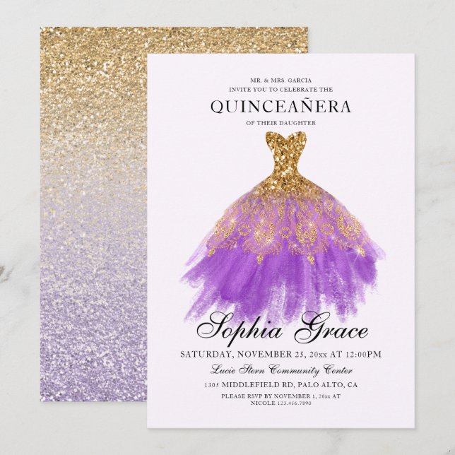 Invitación Elegante Mis Quince Purple Gold Purpurina Quinceañ (Anverso / Reverso)