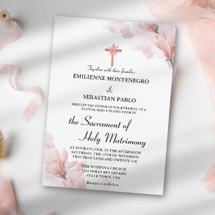 Invitación Elegante Misa Nupcial Católica Floral Rosa Suave d