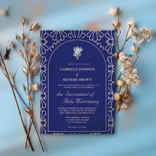 Invitación Elegante Misa Nupcial Floral de Boda Azul Real