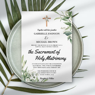 Invitación Elegante Misa Nupcial Floral Verde Suave Blanco