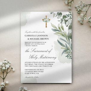Invitación Elegante Misa Nupcial Floral Verde Suave Matrimoni