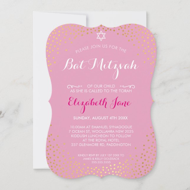 Invitación ELEGANTE MITZVAH mini confetti de oro rústico rosa (Anverso)