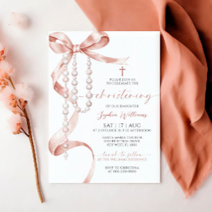 Invitación Elegante Mocha Bow & Rosary Christening