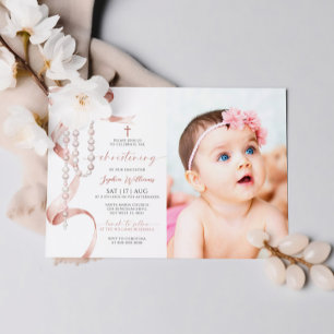 Invitación Elegante Mocha Bow & Rosary Photo Christening