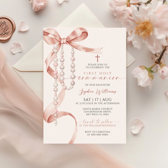 Invitación Elegante Mocha Bow & Rosary Primera Santa Comunión (Subido por el creador)