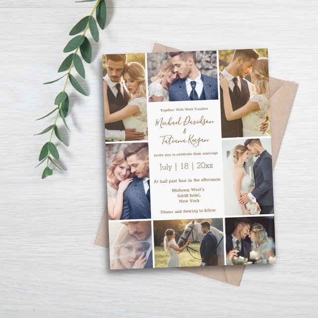 Invitación elegante moda 8 fotos boda marrón collage (Subido por el creador)