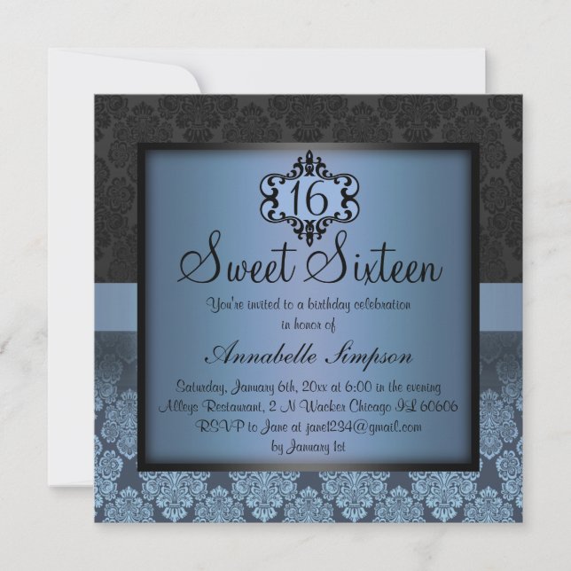 Invitación Elegante Moda azul Damask Sweet16 Invite (Anverso)