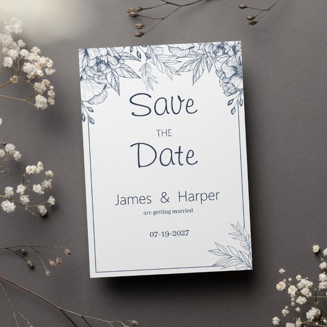 Invitación Elegante moda azul gris blanco floral Guardar la f (Elegant chic white gray blue floral Save the Date)