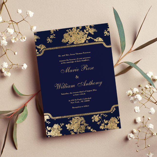 Invitación Elegante moda azul marino imitación oro Boda flora (Elegant chic navy blue faux gold floral Wedding Invitation)