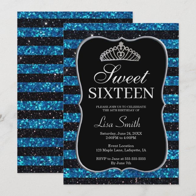 Invitación Elegante Moda Azul negro Purpurina Tiara Sweet 16 (Anverso / Reverso)
