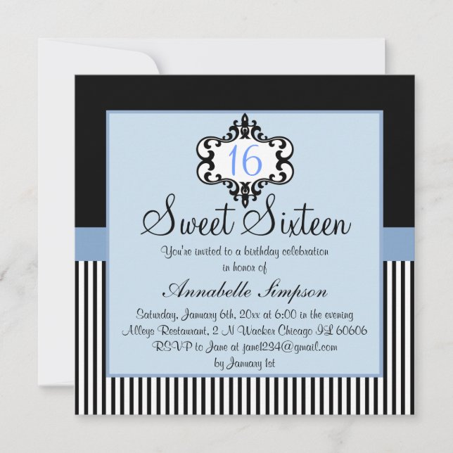 Invitación Elegante Moda azul y negro dulce 16 Invite (Anverso)
