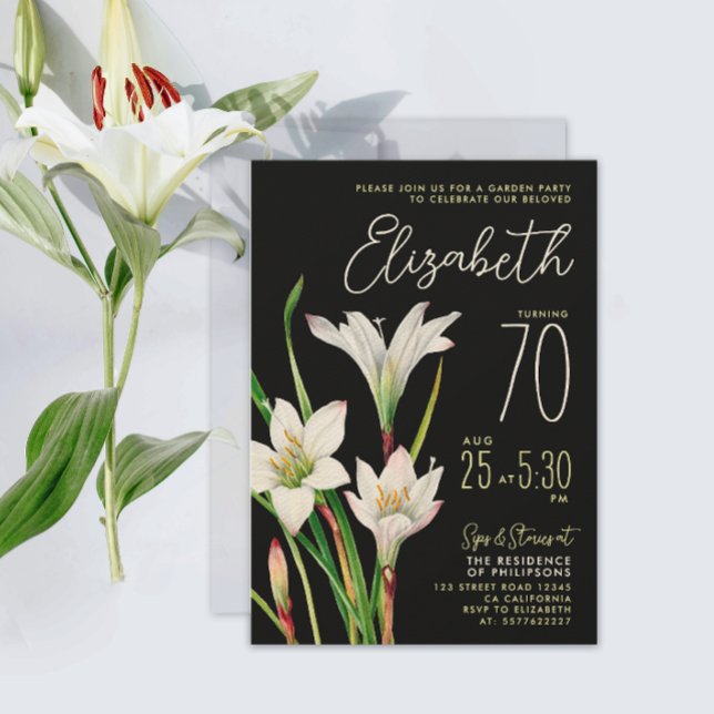 Invitación Elegante Moda Black White Lily 70 Birthday Floral (Subido por el creador)