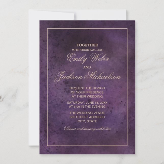 Invitación Elegante Moda Boda de Pluma Moderna Púrpura (Anverso)