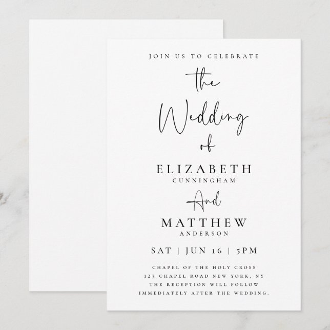 Invitación Elegante Moda Boda de tipografía simple moderna (Anverso / Reverso)