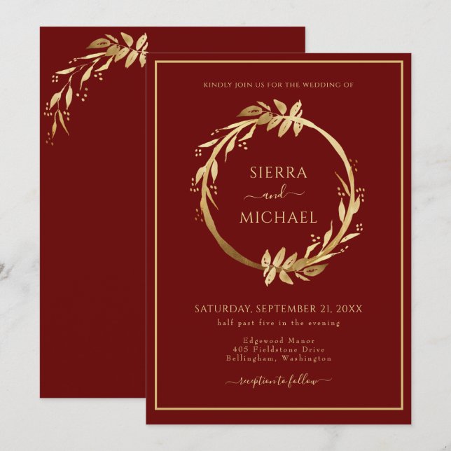 Invitación Elegante Moda Boda del oligo dorado de Borgoña (Anverso / Reverso)