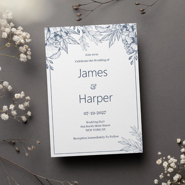 Invitación Elegante moda Boda floral azul gris blanco (Elegant chic white gray blue floral Wedding)