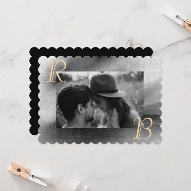 Invitación Elegante Moda Boda Monograma de foto blanco negro (Anverso/Reverso In Situ)