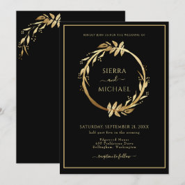 Invitación Elegante Moda Boda negro oliage de oro