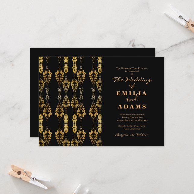 Invitación Elegante Moda Boda Ornamental Negro y Oro (Anverso/Reverso In Situ)