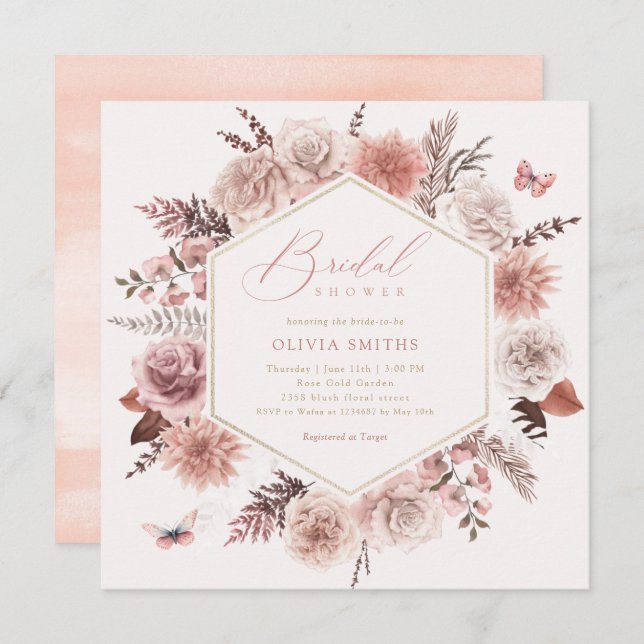 Invitación Elegante Moda Boho acuarela Floral Bridal Shower (Anverso / Reverso)