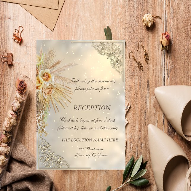 Invitación Elegante Moda Boho Flores de oro Recepción de boda (Subido por el creador)