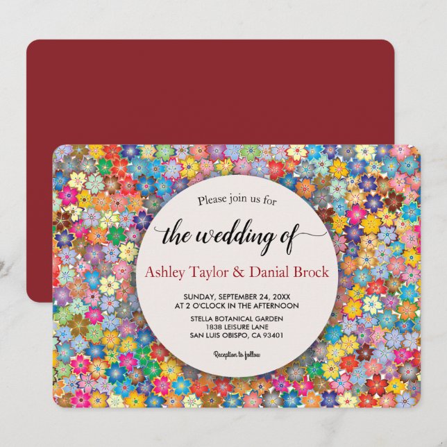 Invitación Elegante Moda Borgoña Boho Summer Floral Boda (Anverso / Reverso)