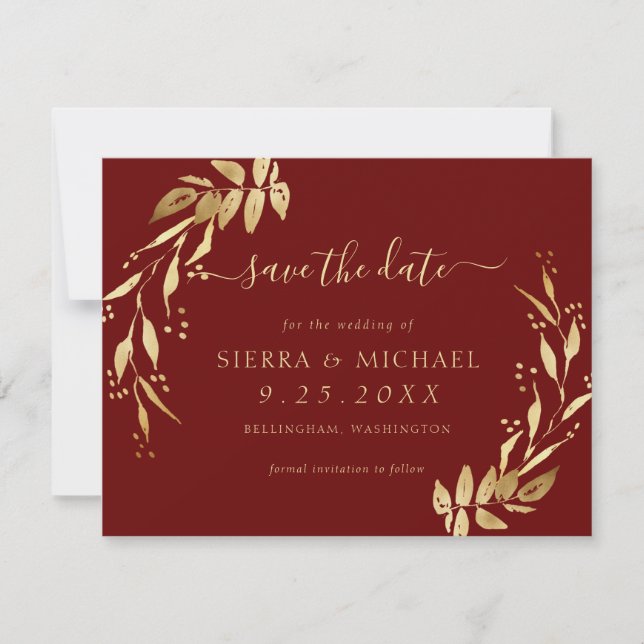 Invitación Elegante Moda Borgoña Foliage dorado salva la fech (Anverso)