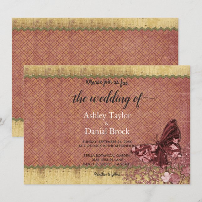 Invitación Elegante Moda Borgoña Rosa Oro Boda formal (Anverso / Reverso)