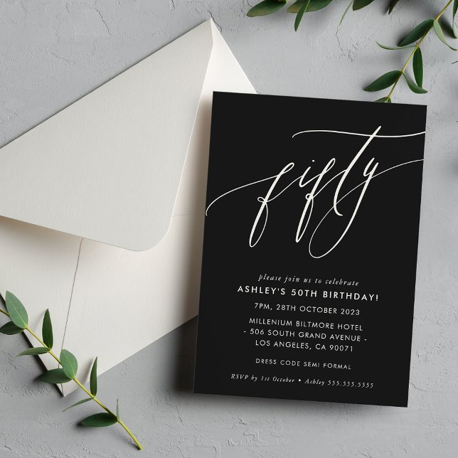 Invitación ELEGANTE moda caligráfica 50 cumpleaños blanco neg (Subido por el creador)