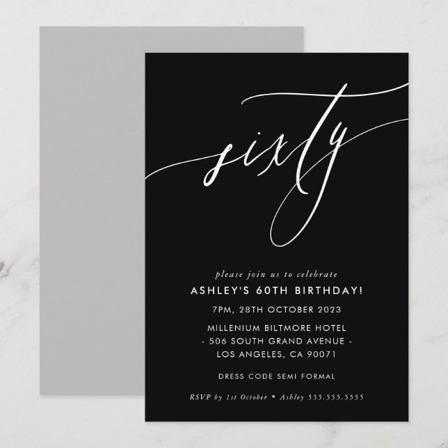 Invitación ELEGANTE moda caligráfica 60 cumpleaños blanco neg (Anverso / Reverso)