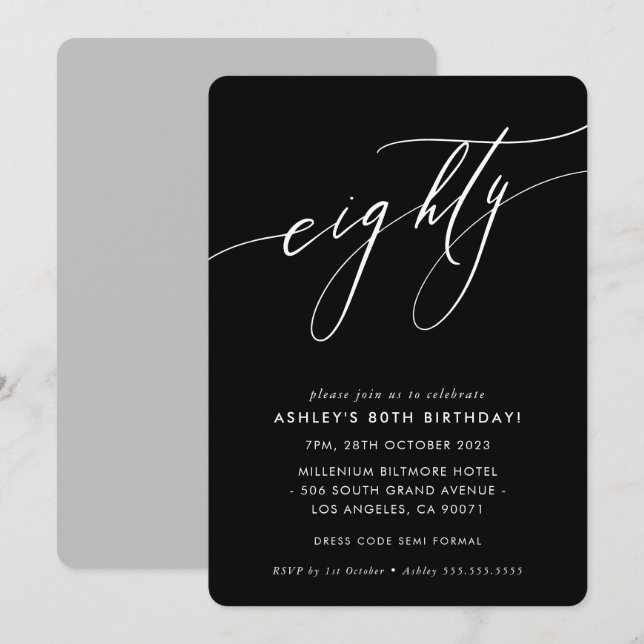 Invitación ELEGANTE moda caligráfica 80 cumpleaños blanco neg (Anverso / Reverso)