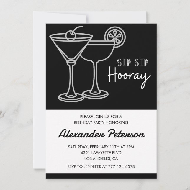 Invitación Elegante Moda Cocktail blanco negro 82 cumpleaños (Anverso)