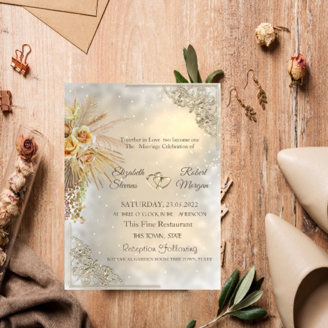 Invitación Elegante Moda Corazón de Oro Boho Flores Boda (Subido por el creador)