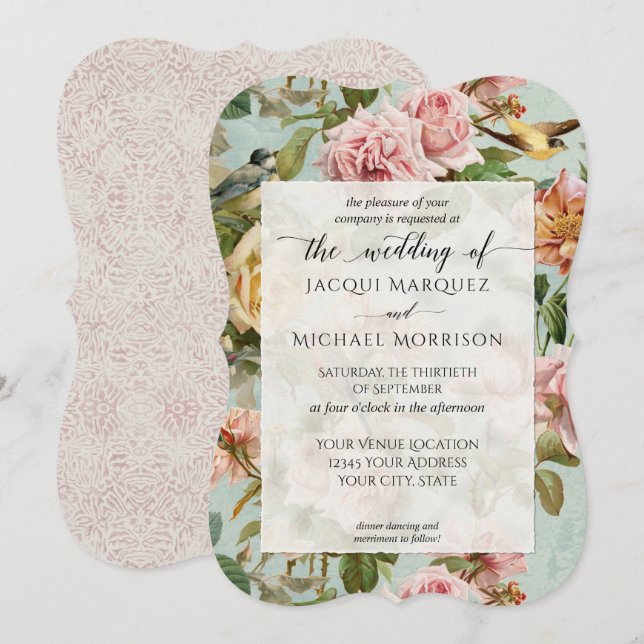Invitación Elegante Moda de campo Boda de pájaro rosa de flor (Anverso / Reverso)