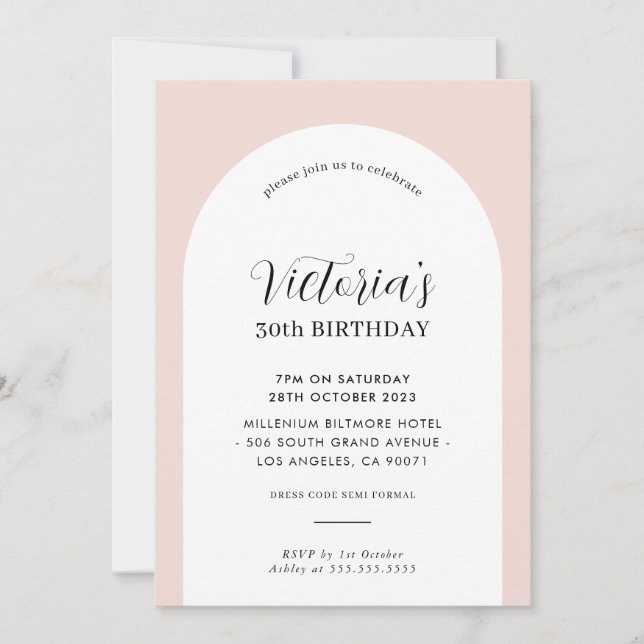 Invitación ELEGANTE moda de cumpleaños ARCH negro rosa modern (Anverso)