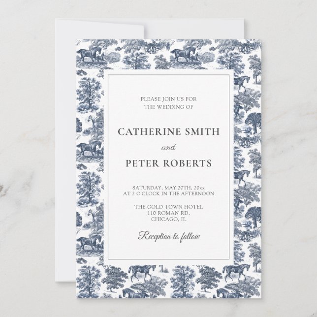 Invitación Elegante Moda de época Boda de tela de caballo azu (Anverso)