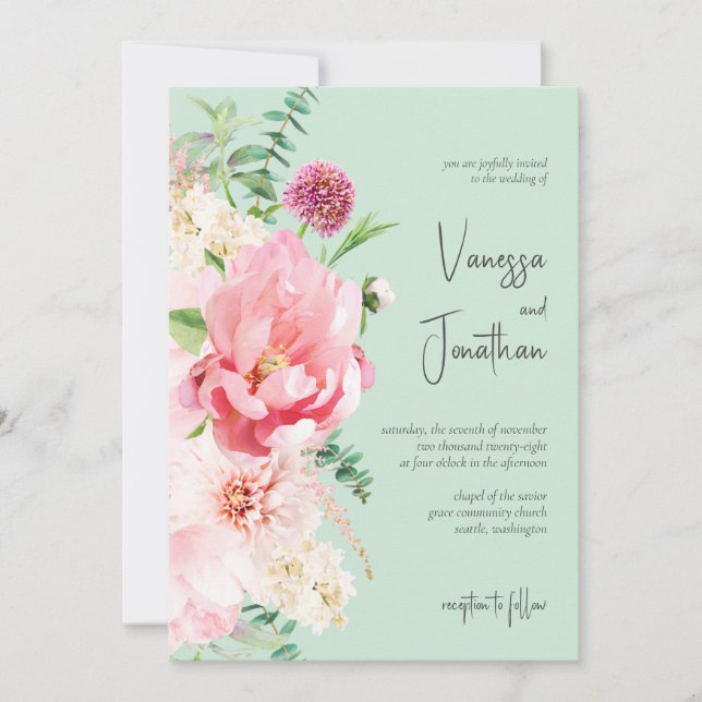 Invitación Elegante Moda de  floral rosa Mint y Rubor (Anverso)