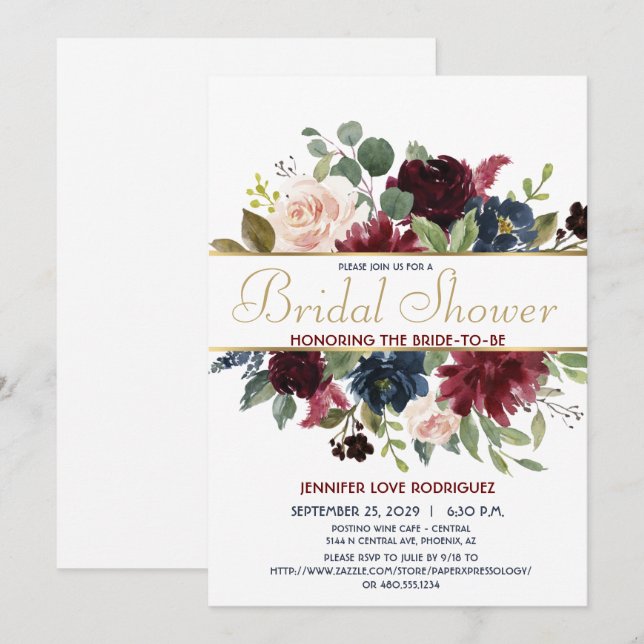 Invitación Elegante Moda de flores de la marina de Borgoña fl (Anverso / Reverso)