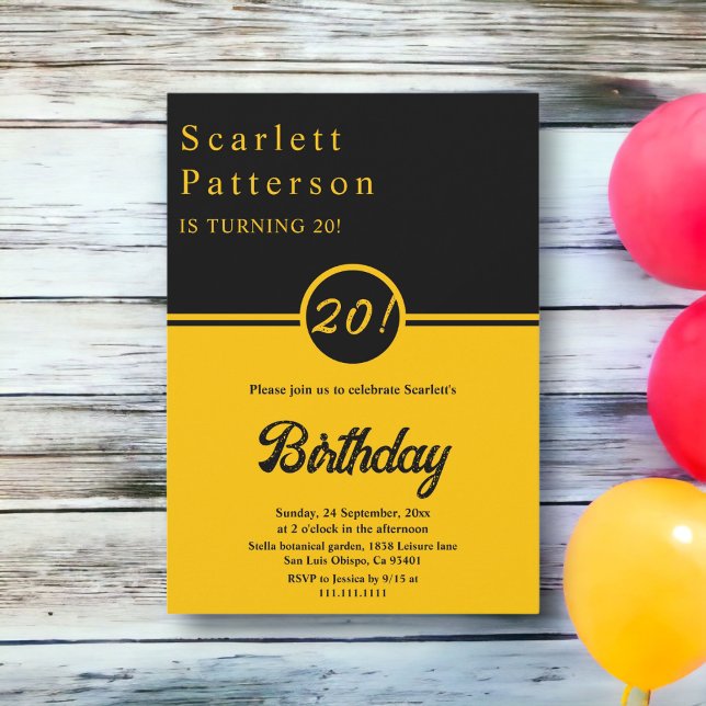Invitación Elegante Moda de moda negra y dorada 20 cumpleaños (Subido por el creador)