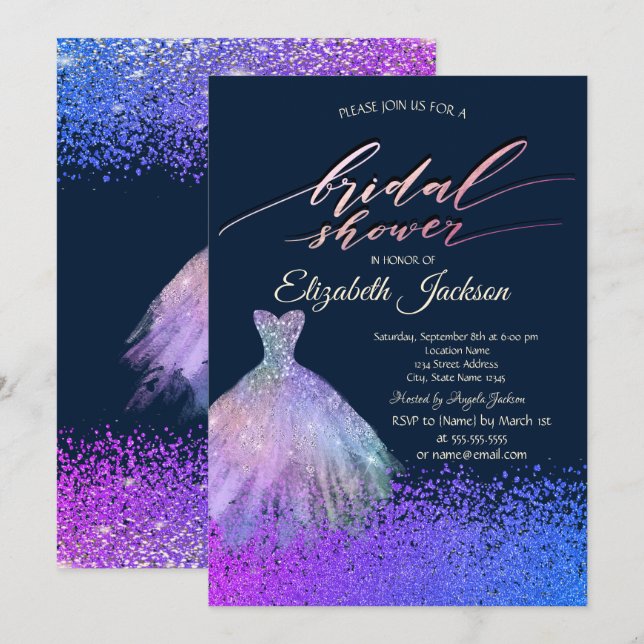 Invitación Elegante Moda Diamantes Vestidos Ducha Bridal (Anverso / Reverso)