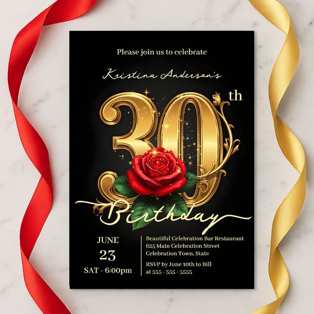 Invitación Elegante Moda dorada 30 con aroma rosa rojo (Subido por el creador)