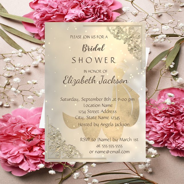 Invitación Elegante Moda Dorada Vestido Bridal Ducha (Subido por el creador)