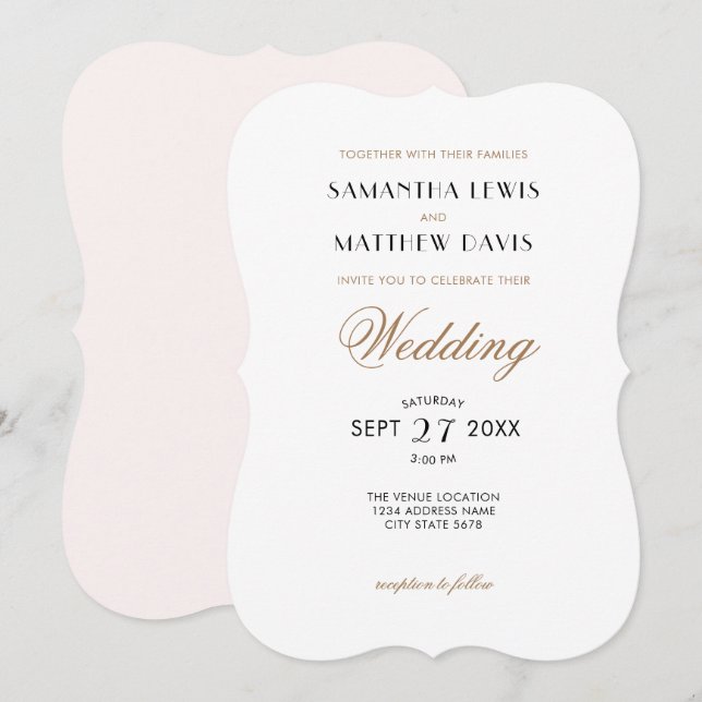 Invitación Elegante Moda elegante Rubor Boda de oro negro ros (Anverso / Reverso)