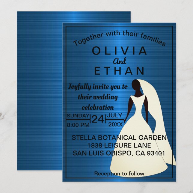 Invitación Elegante moda elegantemente de la boda azul marino (Anverso / Reverso)