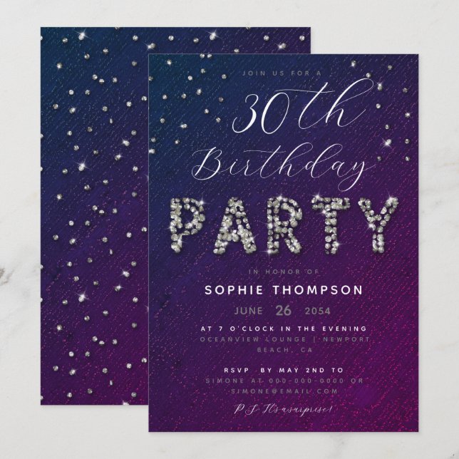 Invitación Elegante Moda Esparkle Purpurina Purple Birthday P (Anverso / Reverso)