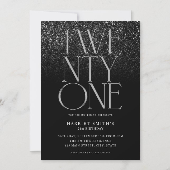 Invitación Elegante Moda Fiesta de cumpleaños 21 negro (Anverso)