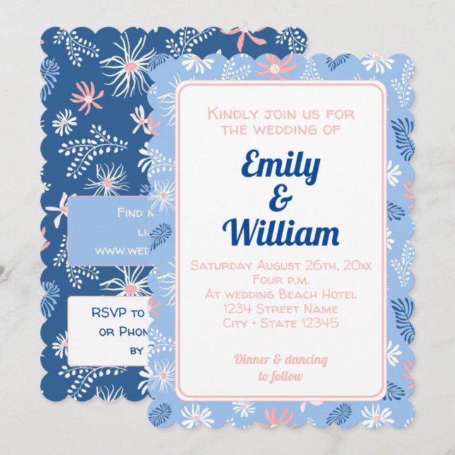 Invitación Elegante moda floral polvoriento azul Boda Invitac (Anverso / Reverso)