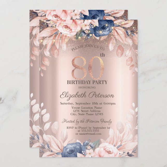 Invitación Elegante Moda Floral, String Lights 80 cumpleaños (Anverso / Reverso)