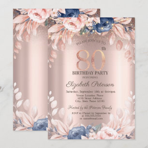 Invitación Elegante Moda Floral, String Lights 80 cumpleaños